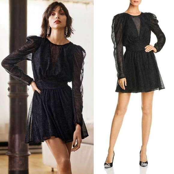 Lini Dress Size XS Puffed Fit Flare Short Mini Black Sheer Burnout Gemma $398 - Picture 3 of 15